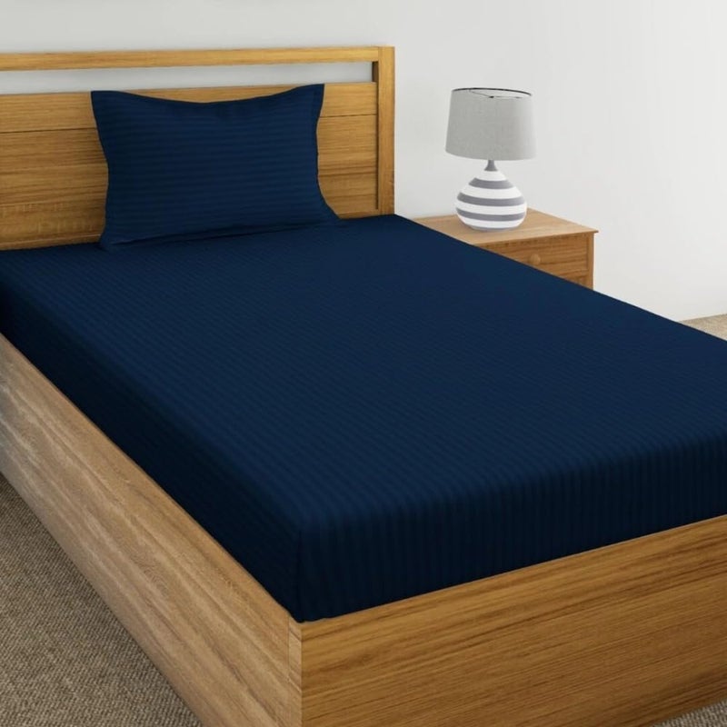 STARNSTYLE 220 Cotton Feel Glace Cotton Single Bedsheet with Pillow Cover - Navy Blue - Image 1